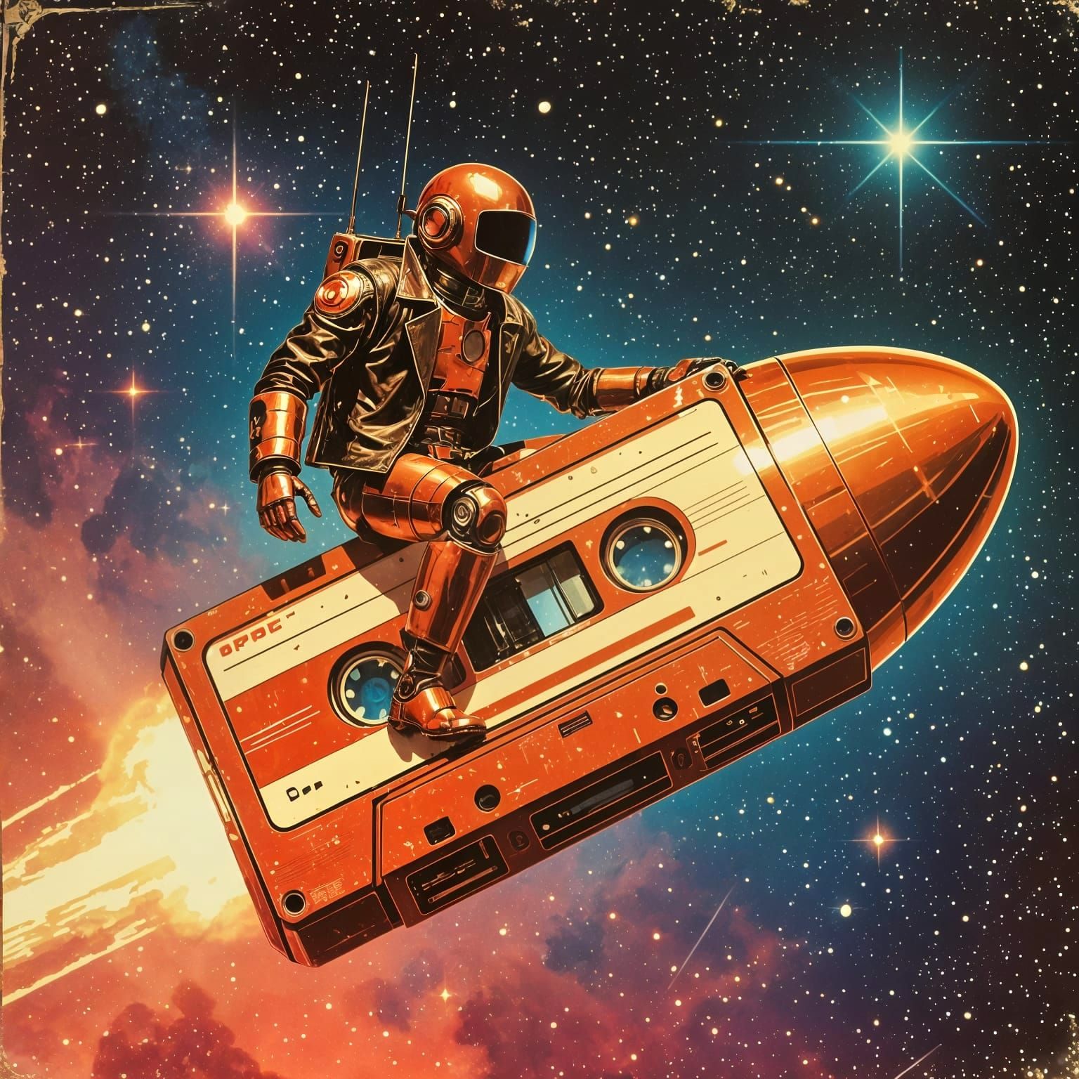 Copper Robot Rides Cassette in Space: Vintage Art