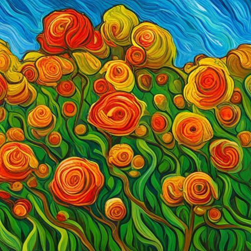 Rose Bush in Grassy Field, Impasto Style