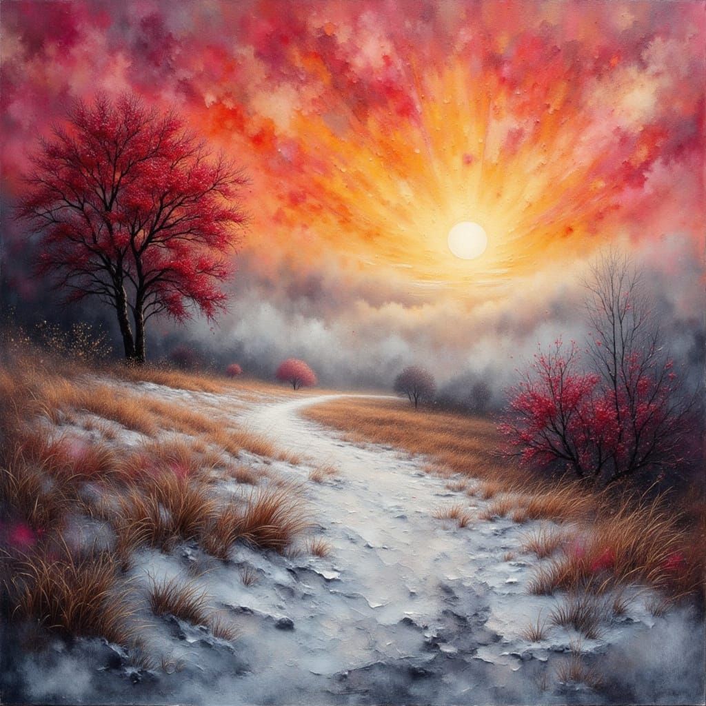 Ethereal Winter Moor Sunset in Oil