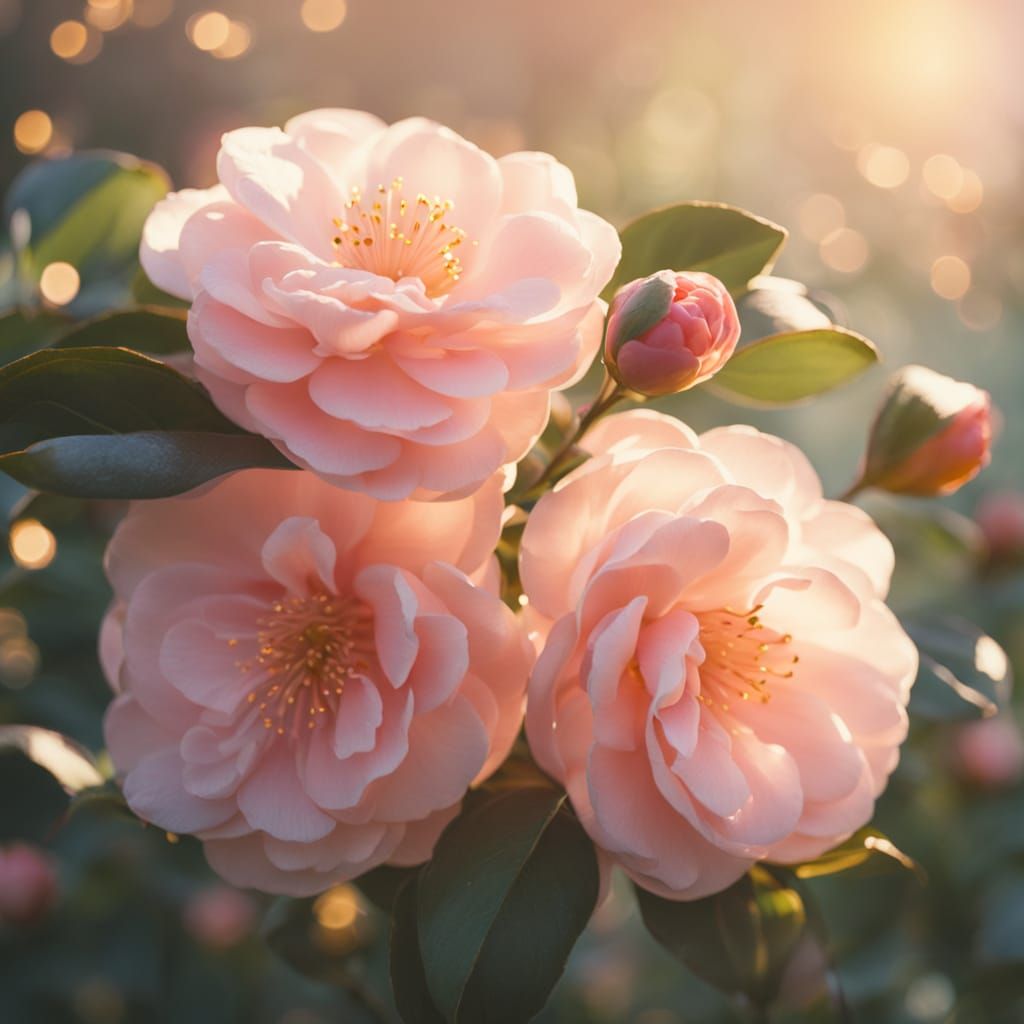Woman Holding Camellia in Vibrant Oil Painting Style