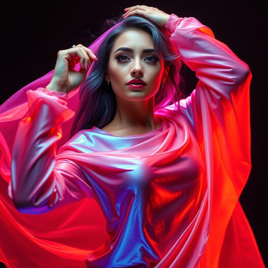 Charming Woman Dancing with Thermochromic Fabric