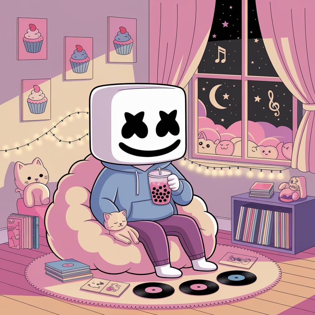 Chibi Marshmello in Kawaii Pastel Bedroom
