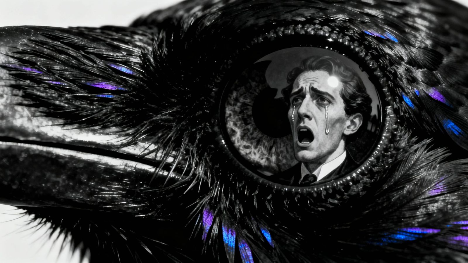 Raven's Eye Reflection of Anguished Man in Film Noir Style