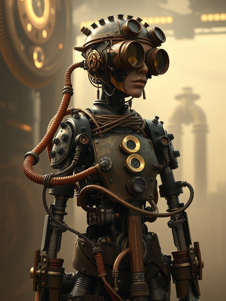 Steampunk Cyborg in Vintage Industrial Scene