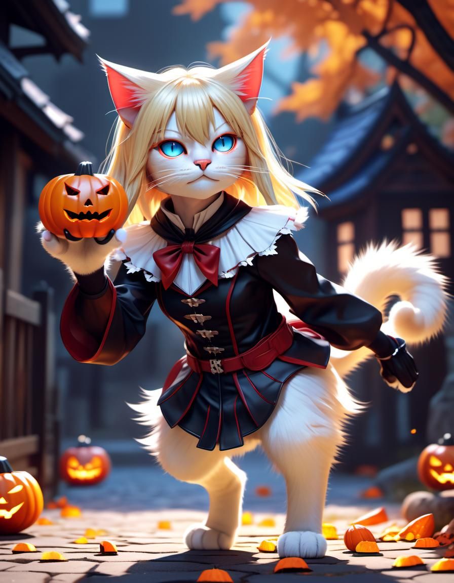Demonic humanoid furry female blonde cat going trick or thre...