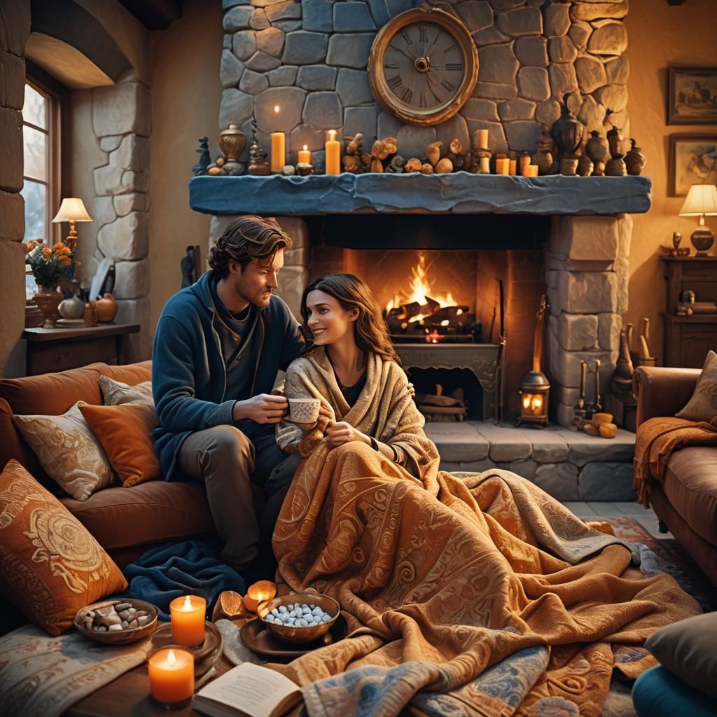 Cozy Fantasy Interior with Fireplace and Warm Lighting