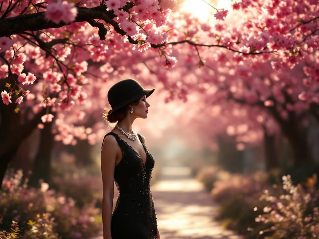 Glamorous Flapper in Whimsical Cherry Blossom Wonderland