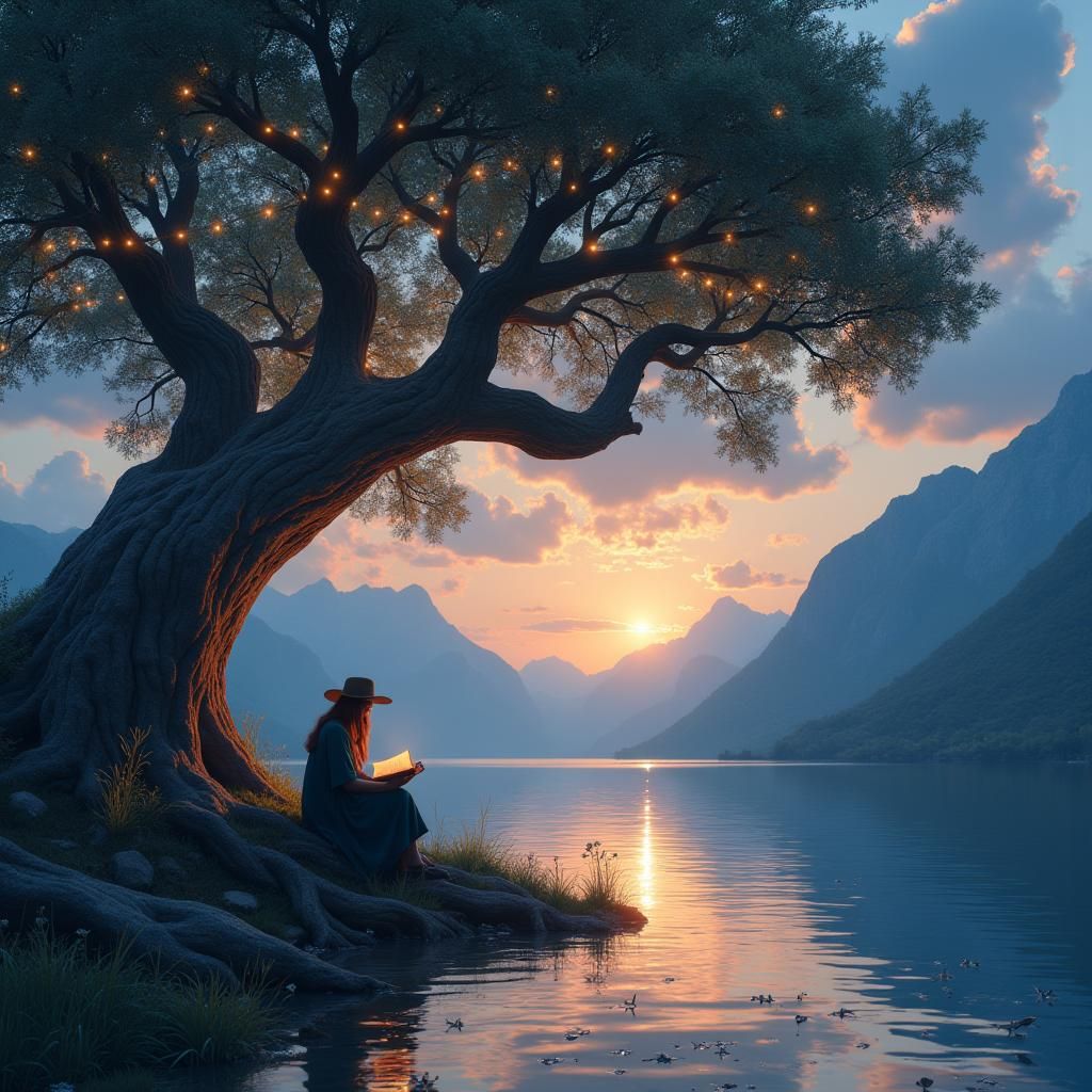 Magical Sunset Scene by Crystal Lake with Ancient Tree