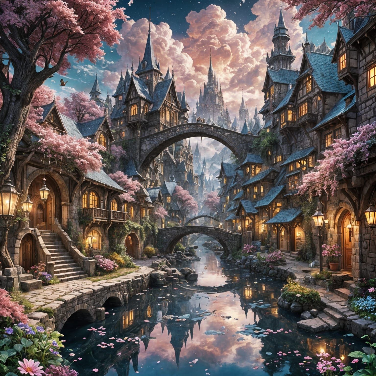 Magical Elven Town with Crystal River, Digital Art