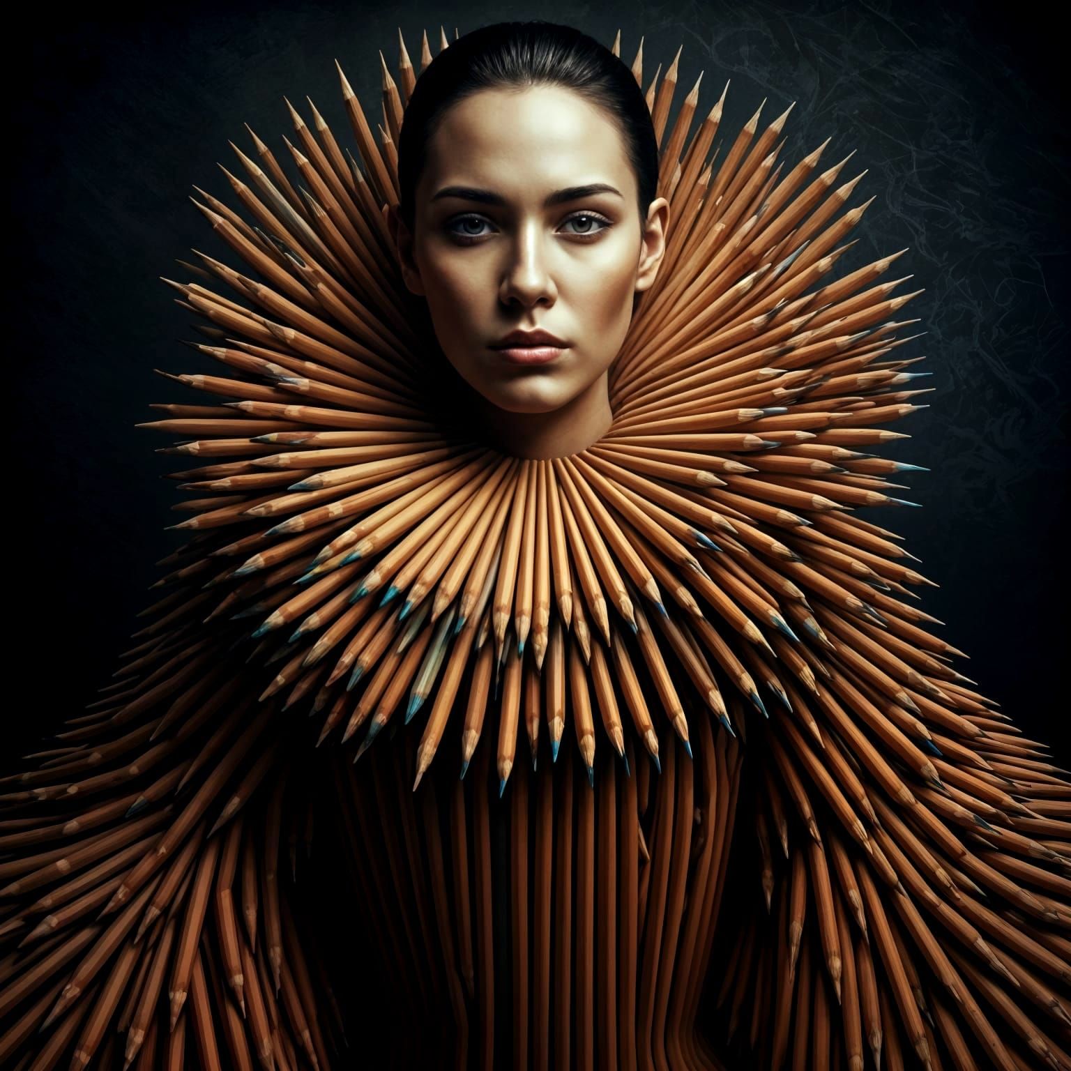 Woman in Avant-Garde Gown Made of Colored Pencils