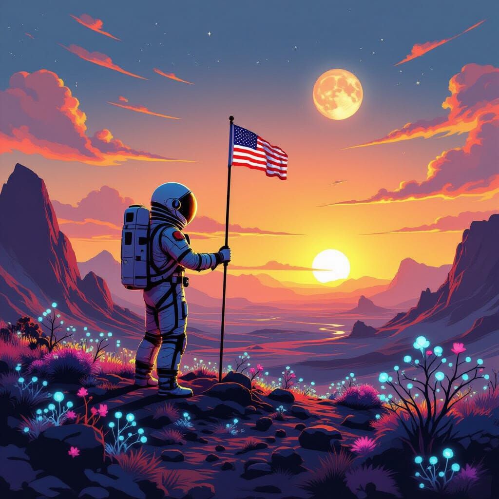 Astronaut Plants Flag on Alien Planet Under Binary Sunset