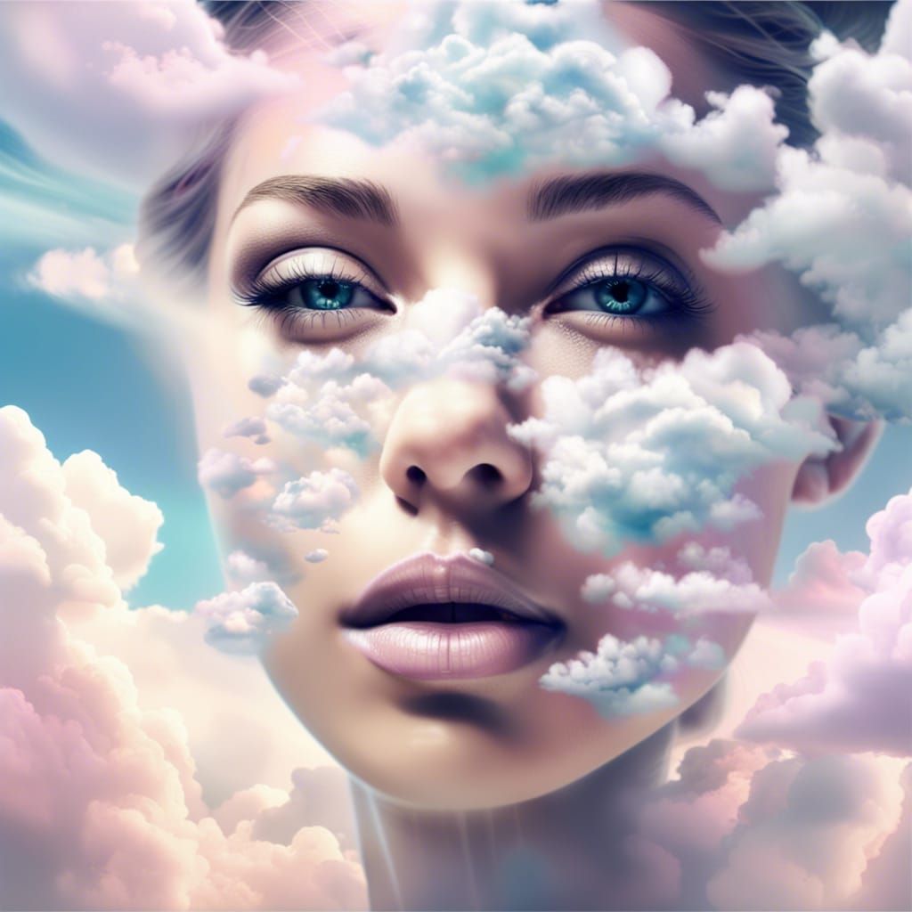 Serene Woman's Face Made of Clouds in Pastel Colors