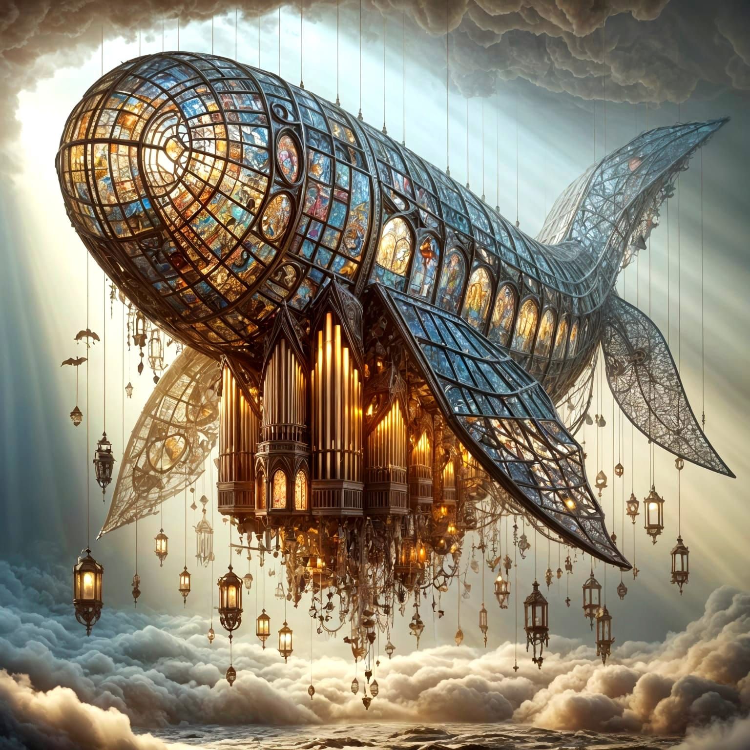 Surreal Skywhale Cathedral Collage in Dreamlike Setting