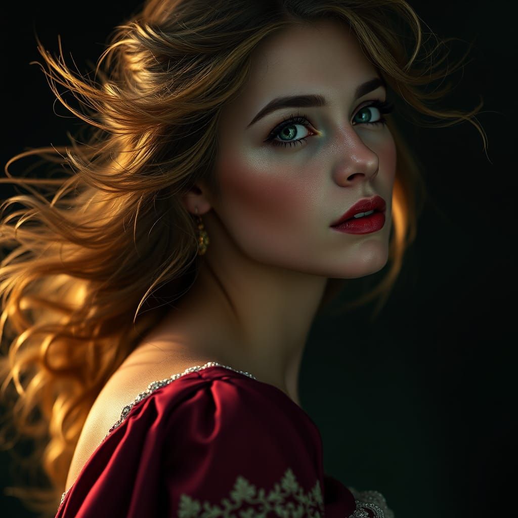 Windswept Woman Portrait in Dark Fantasy Style