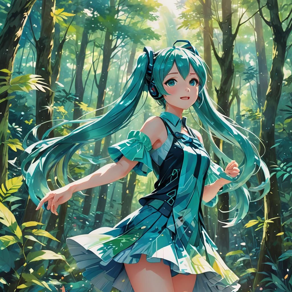 Hatsune Miku Singing in Forest, Watercolor Anime Style