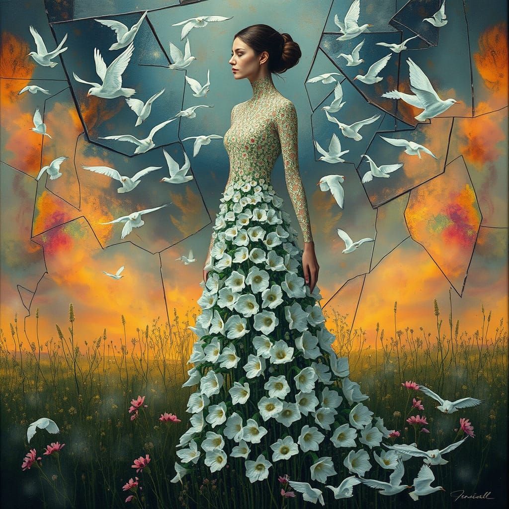 Surreal Woman in Flower Dress with Birds and Mist