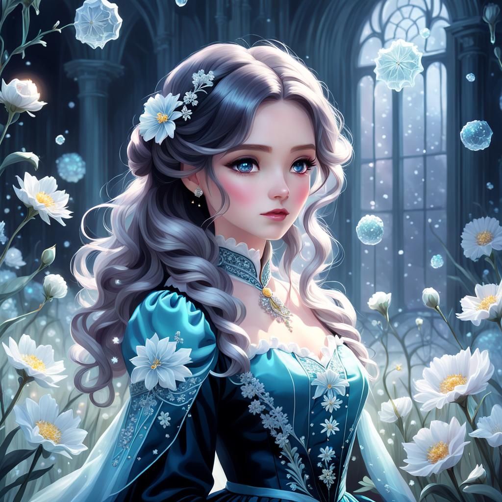 Ice Flower Field: Victorian Girl in Pastel Colors
