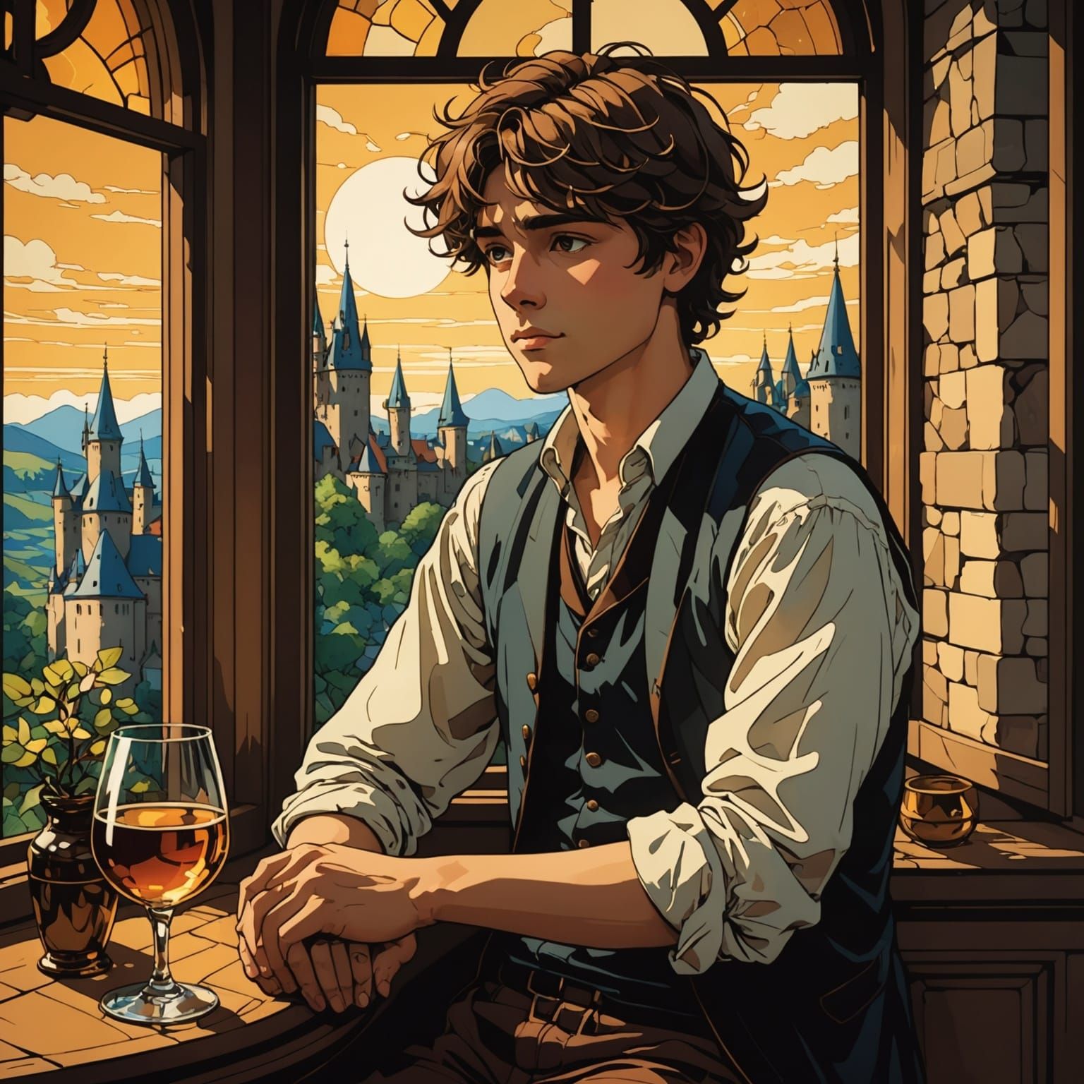 Anime Boy Gazing at Castle in Golden Hour