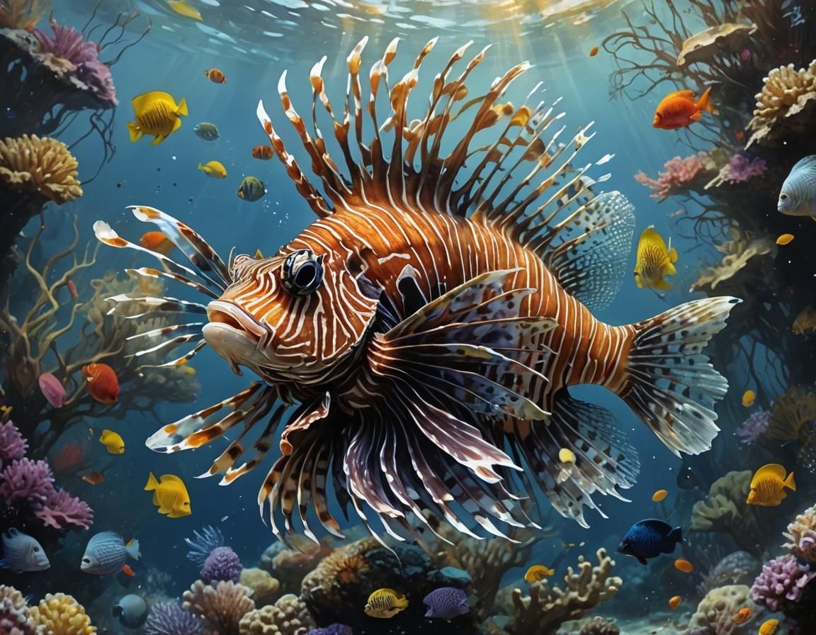 magnificent lion fish, seahorse , and variety of tropical fi...