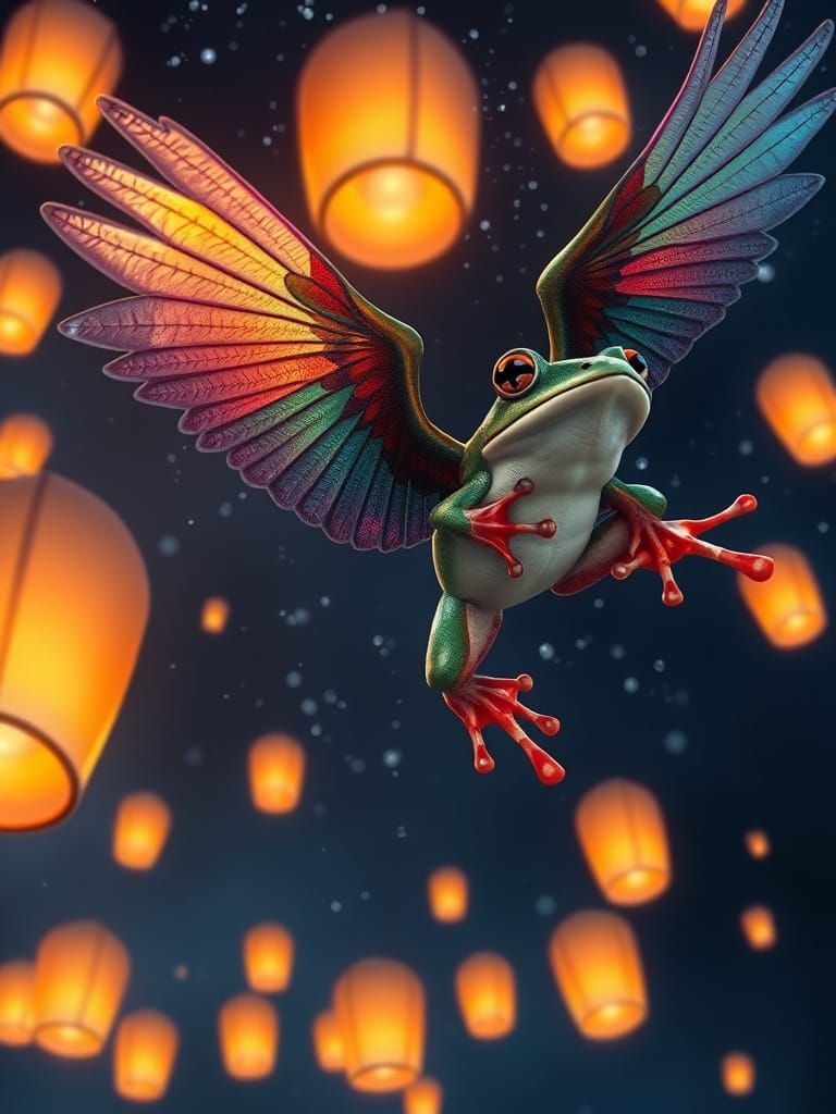 Majestic Frog Soars through Starry Night Sky with Vibrant Ir...