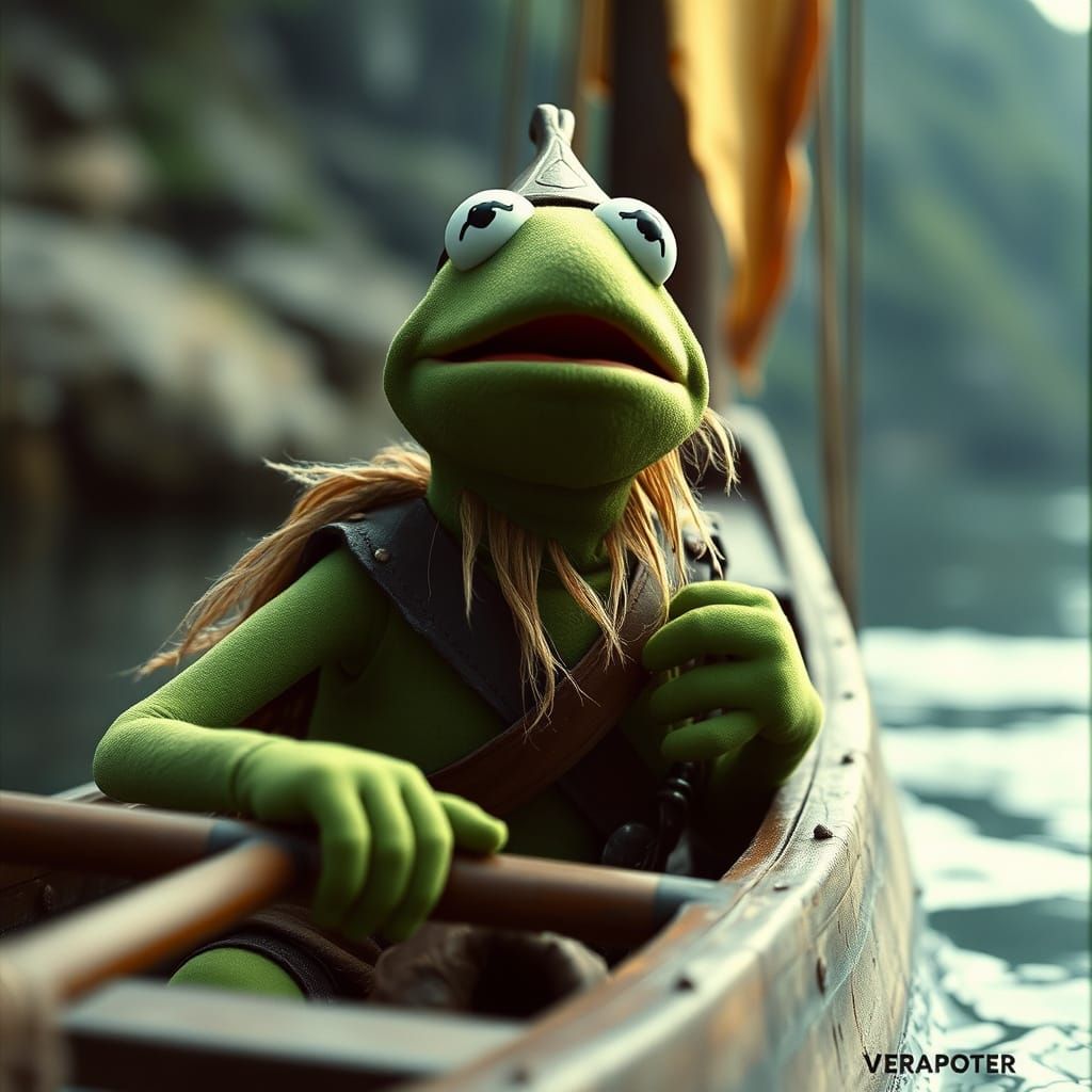 Kermit the Frog as Ragnar Lothbrok in a Viking Long Boat