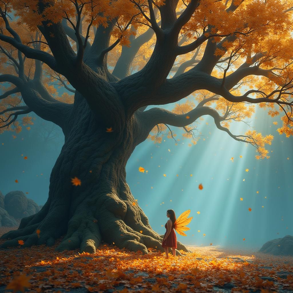 Autumn Fairy Under Ancient Tree in Matte Painting Style