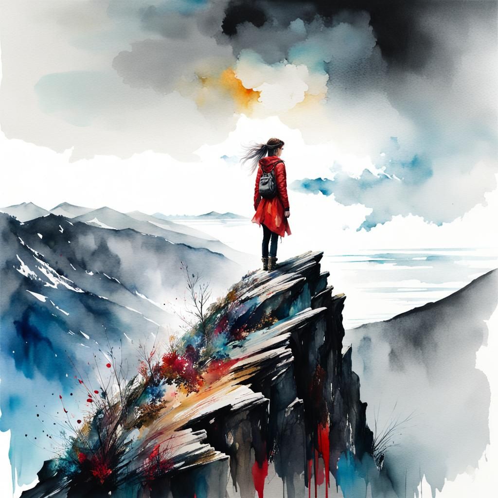 Moody Watercolor: Girl on Cliff in Black, Red and Gold