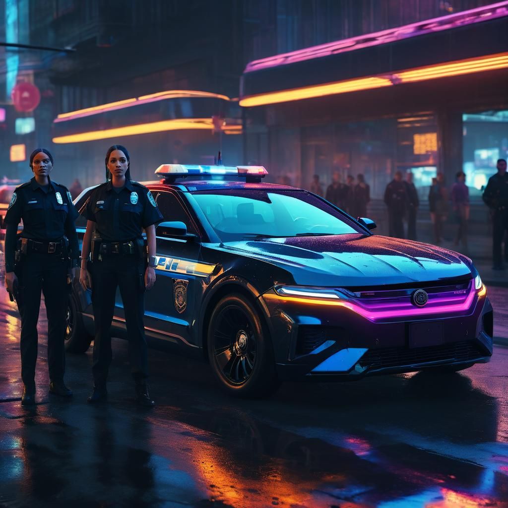 Futuristic Police Officers in Neon Cityscape