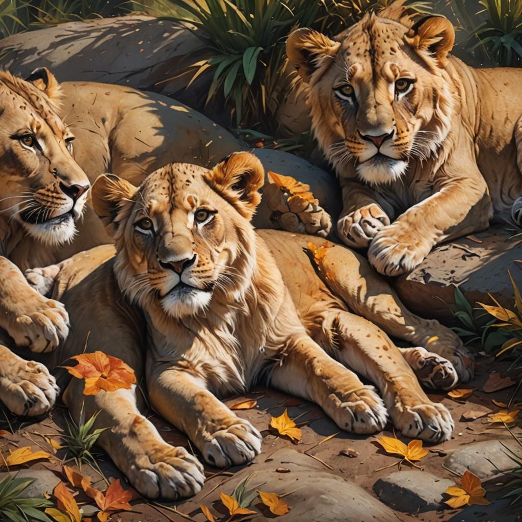 Resting Lion Cubs in Hyperrealistic Splash Art