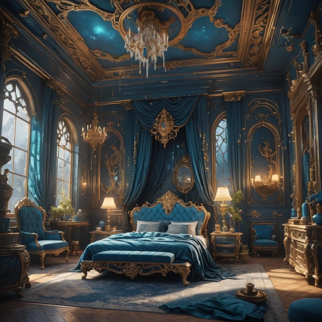 Fantastical Cyanite Bedroom in Detailed Matte Painting
