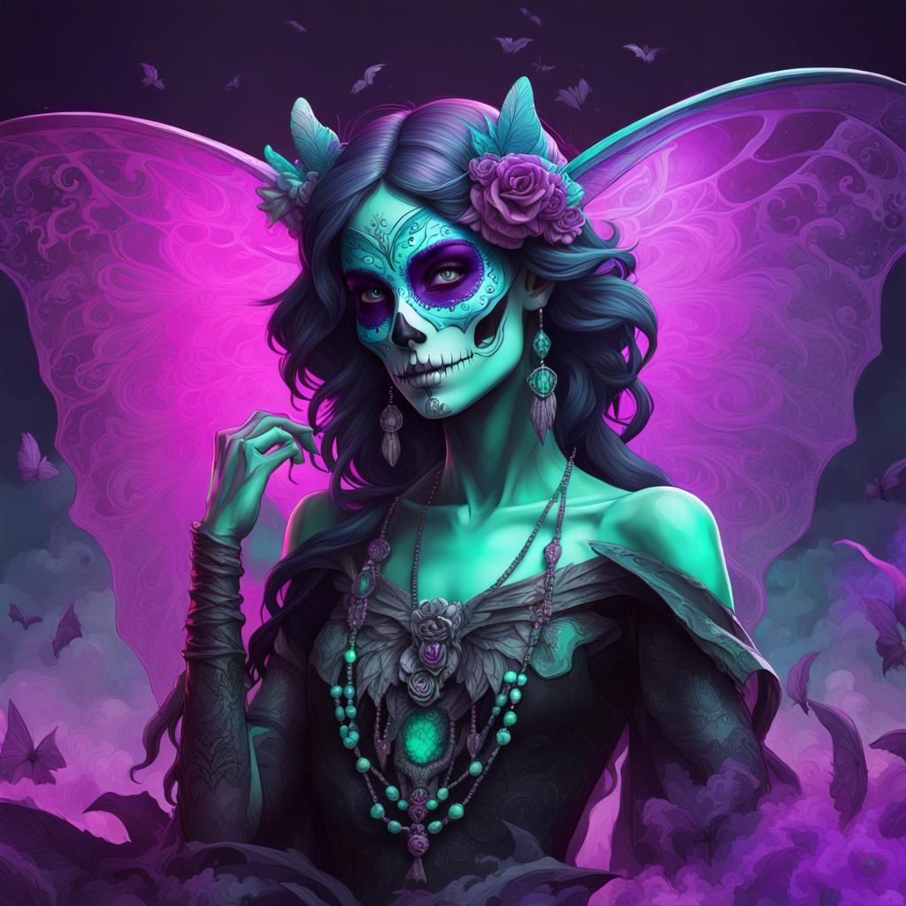 Catrina Fairy Portrait with Neon Wings