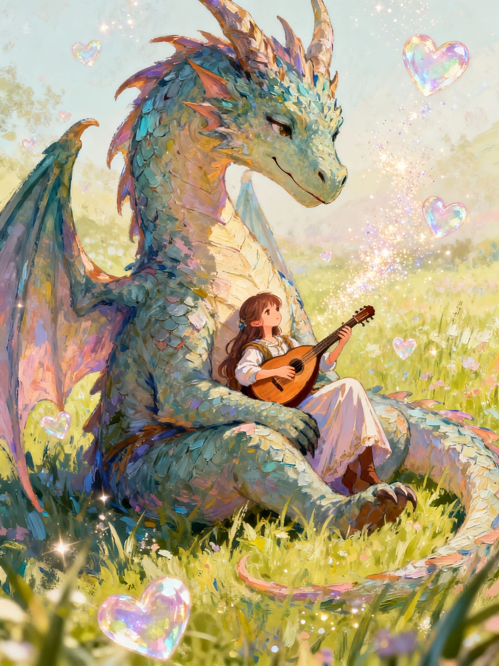Dragon and Bard Serenade in Pastel High Fantasy
