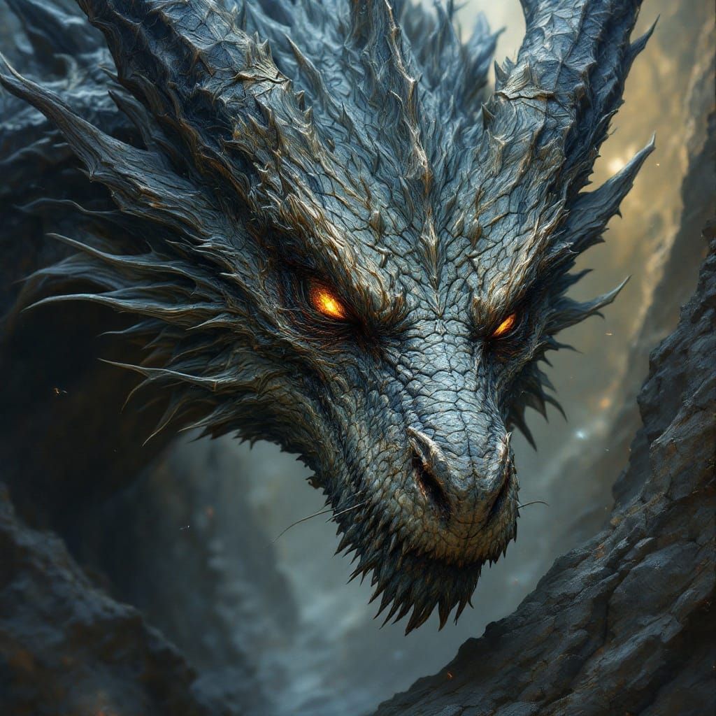 incredible detailed shot of a magnificent dragon waking up from a thousand years of sleep, the gaze of half-open eyes dr...