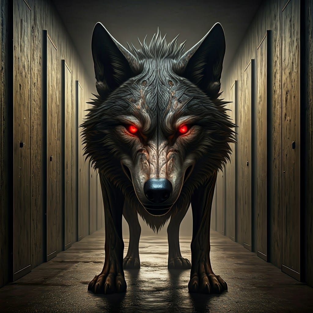 Spooky Copper Wolf in a Dark Concrete Lair