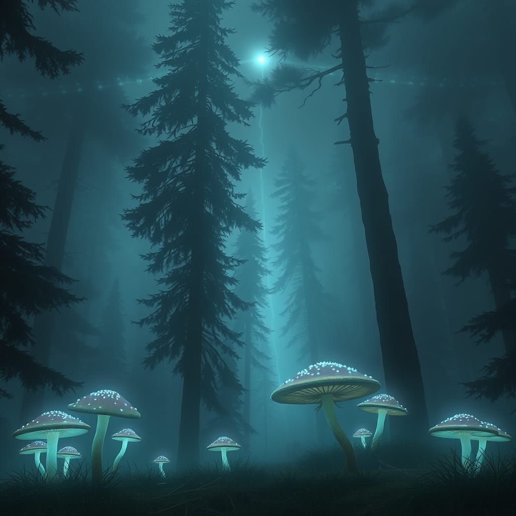 Enchanted Foggy Forest with Mystical Lights and Mushrooms