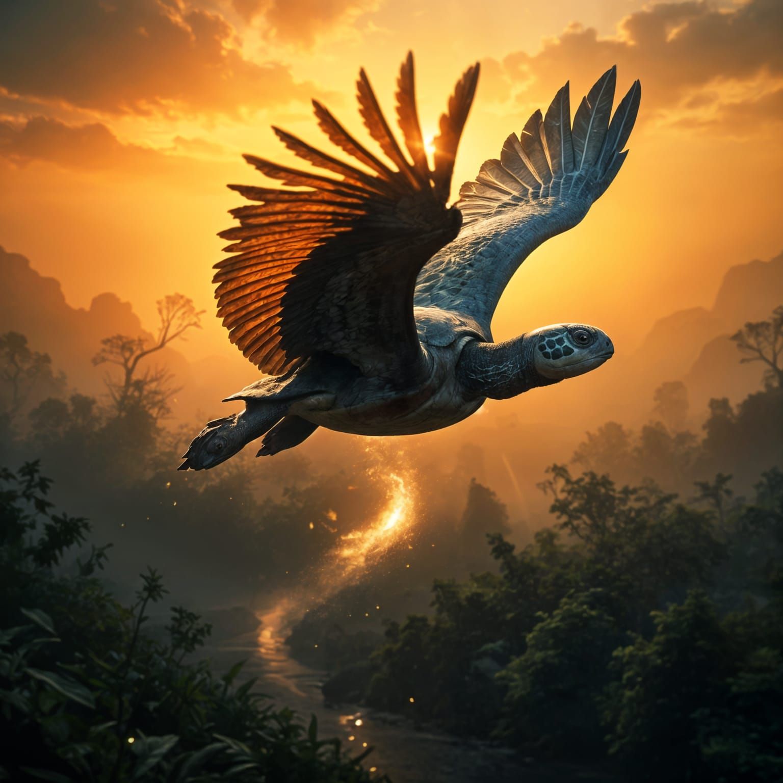 Surreal Winged Turtle Birds in V Formation Soar Above Wilder...