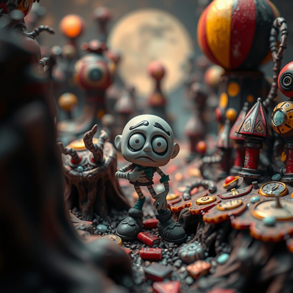 Surreal Stop Motion Character Exploring Ominous Landscape