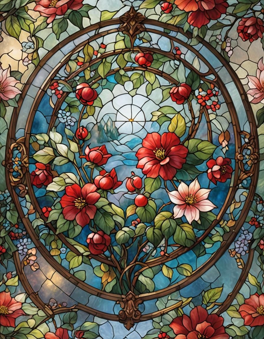 Stained Glass Cherry Red Camellia Flower in Mist
