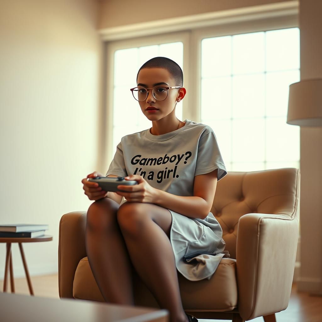 Woman with Shaved Head Plays Video Game