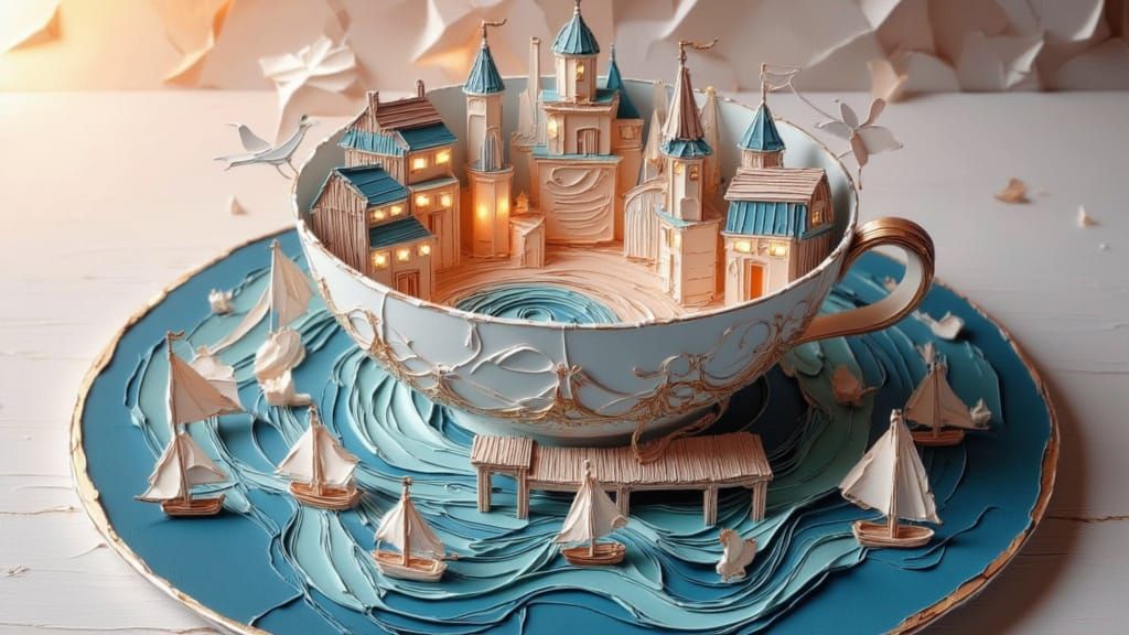 Whimsical Paper Diorama: Coastal Village in a Teacup
