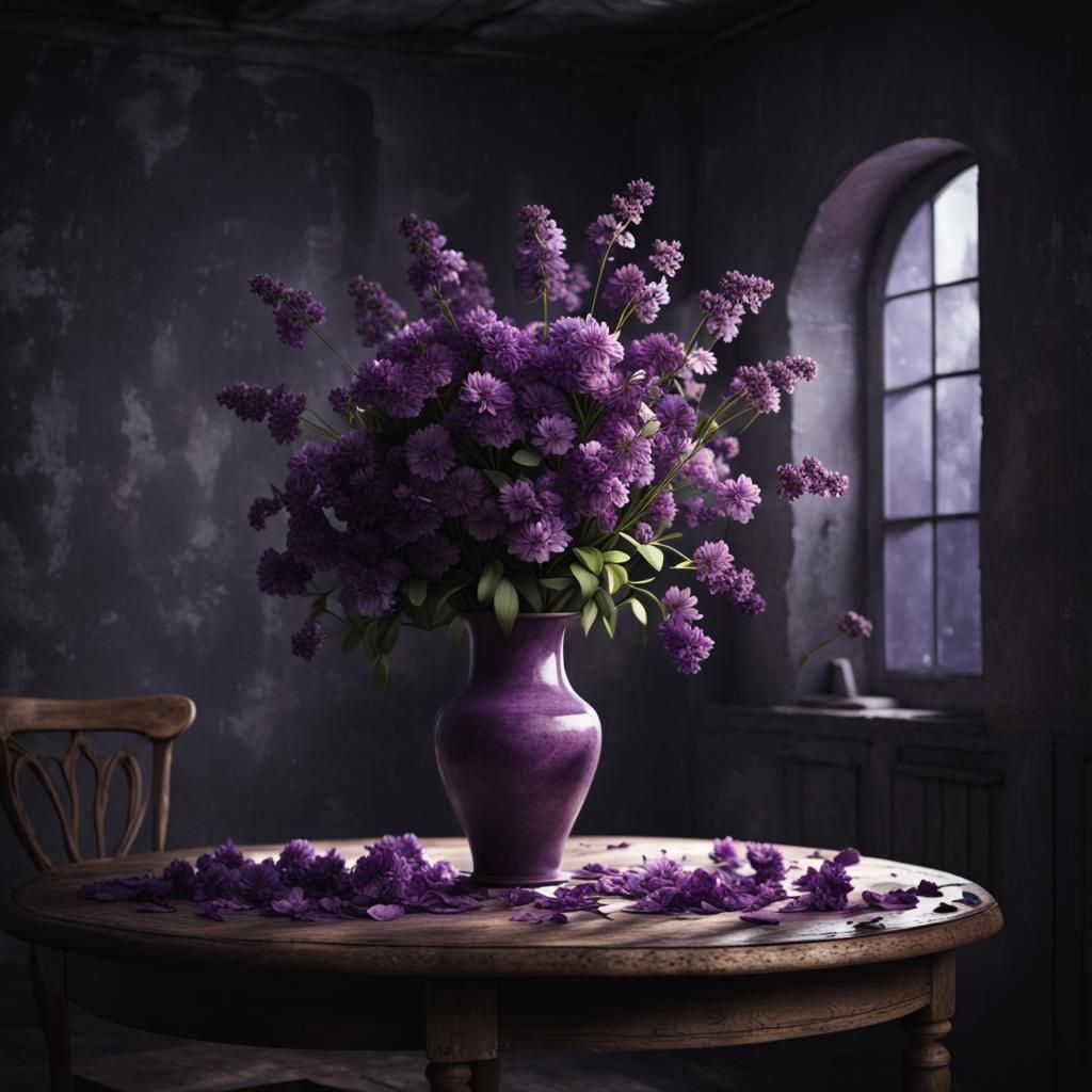 Purple Flowers in Dark Room, Painterly Style