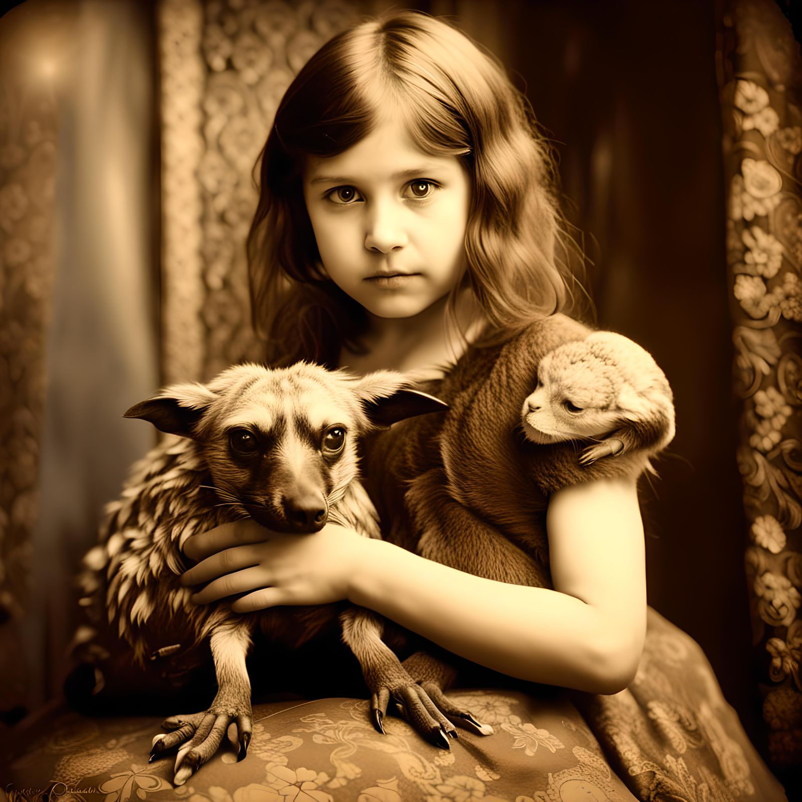 Victorian Girl and Pet: Hyperrealistic Sepia Photograph