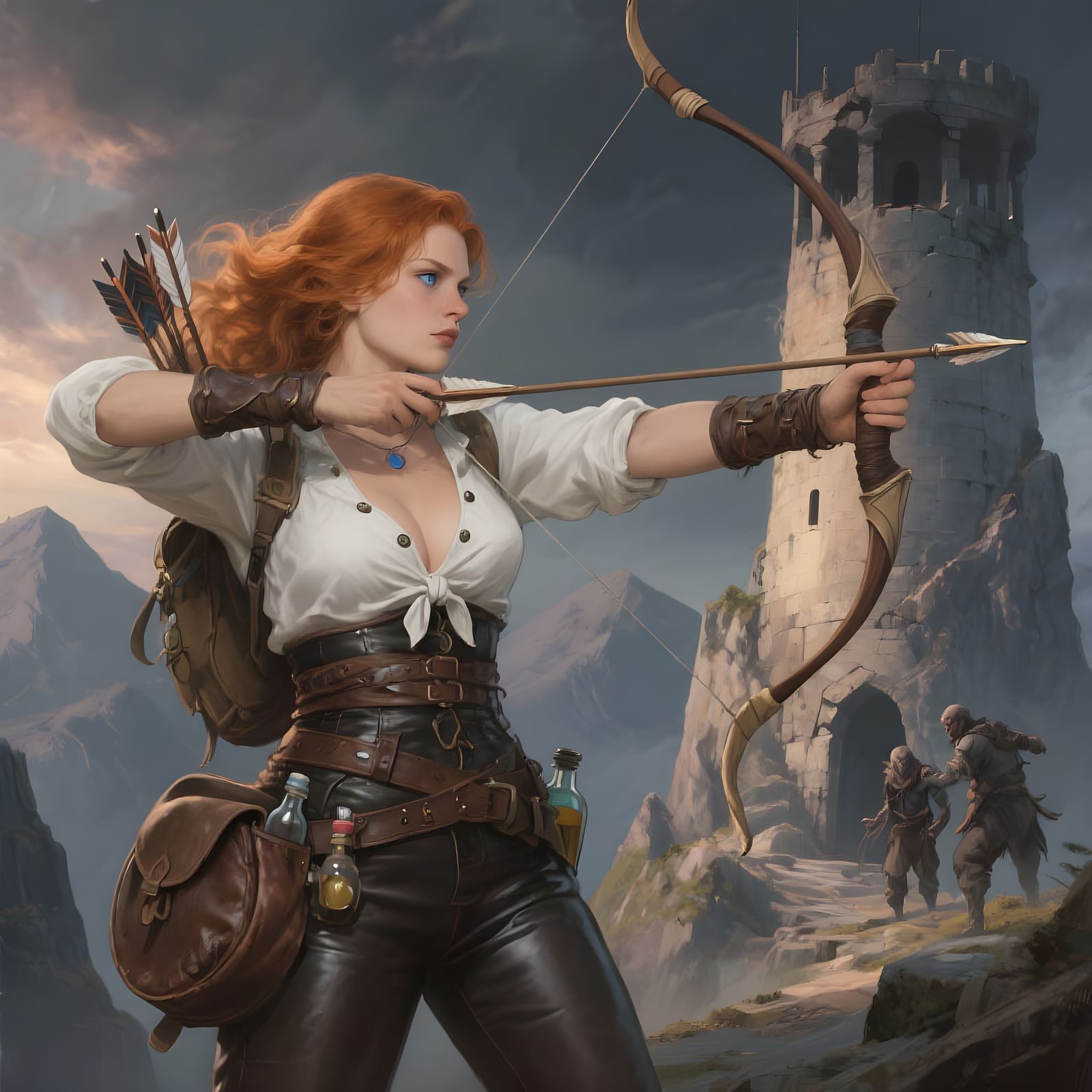 Ginger Adventuress Aims Bow in Mountain Watchtower