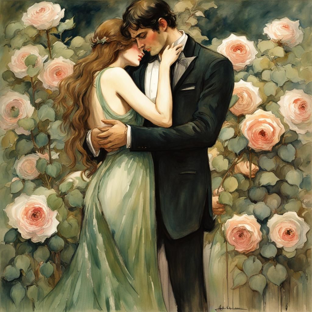 Romantic Embrace Among Roses in Watercolor Style