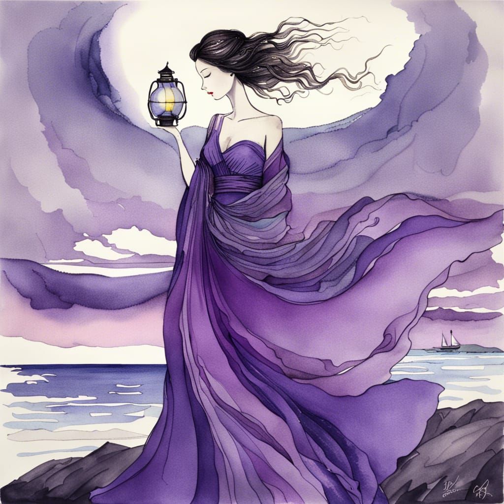 Woman with Lantern on Windy Night, Watercolour Style