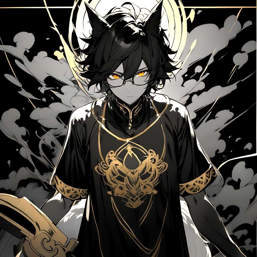 Monochrome Fox-Eared Boy with Axe in Genshin Style