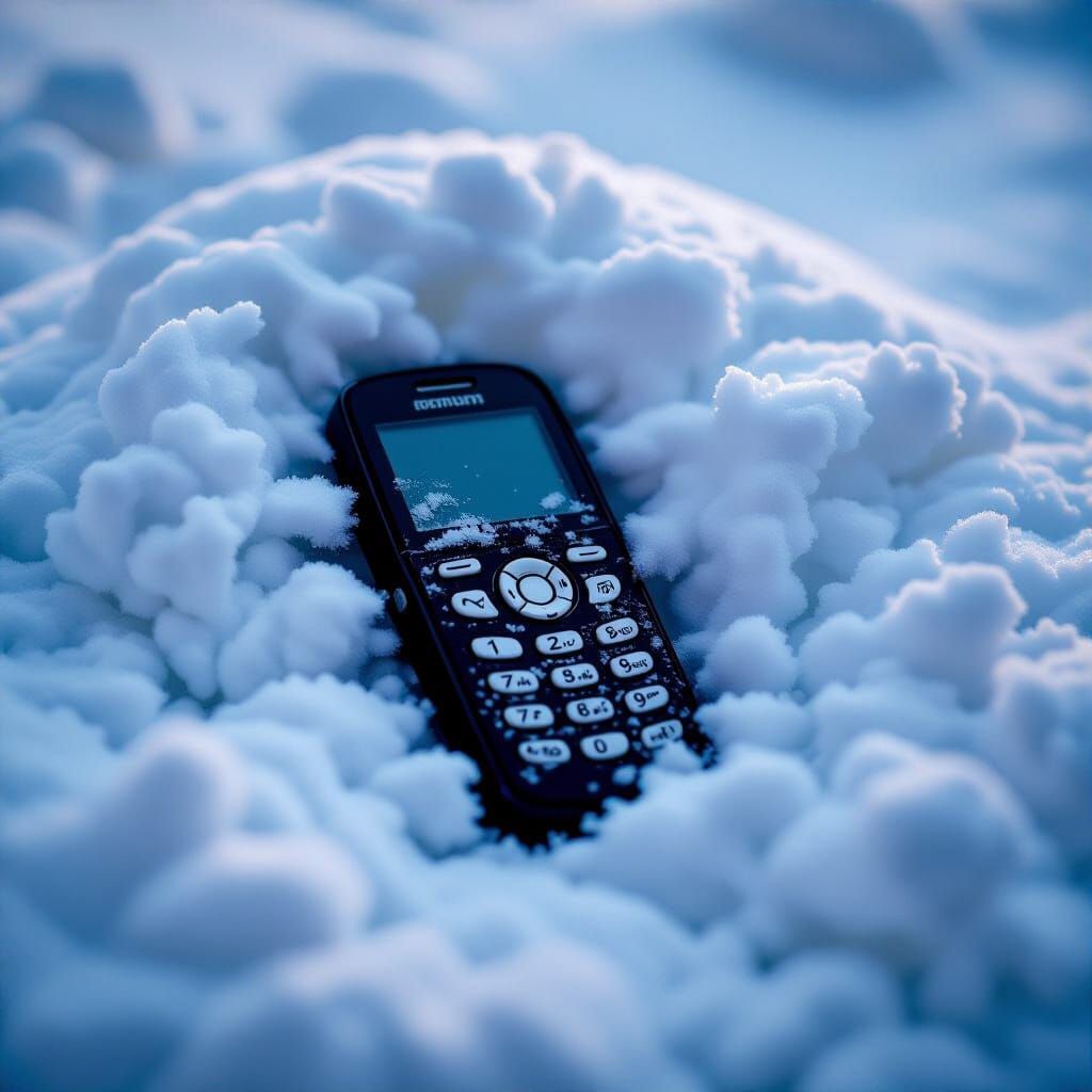 Snow-Covered Flip Phone in Winter's Deep Sleep