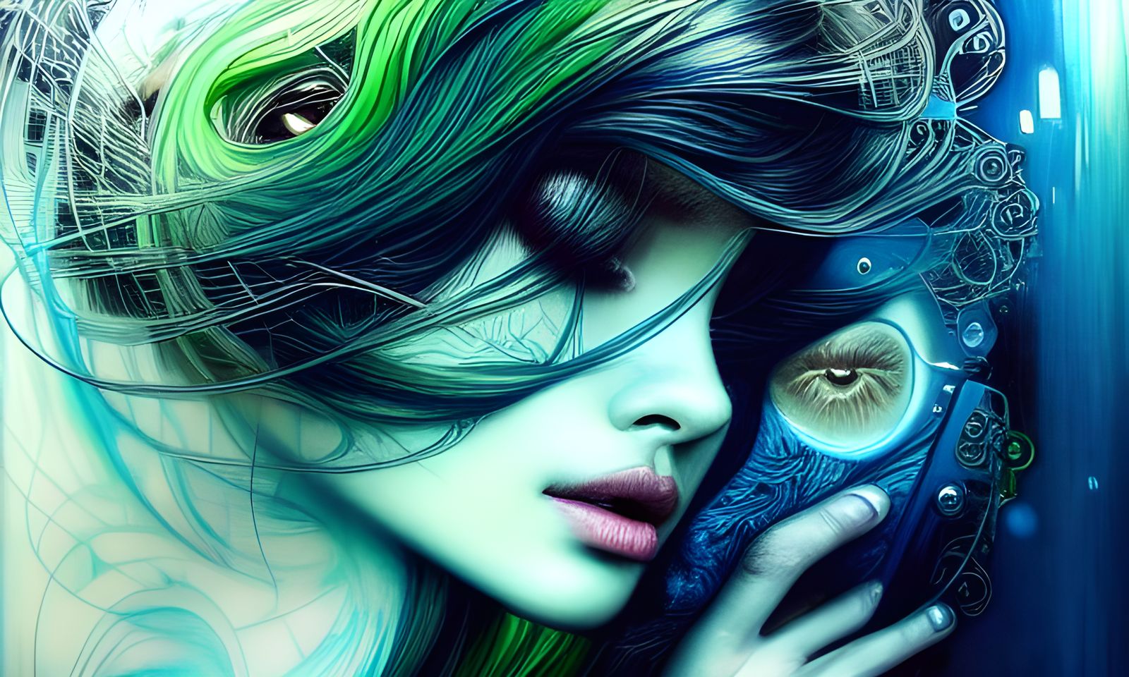 Intricate Green and Blue Splash Art in Ethereal Style