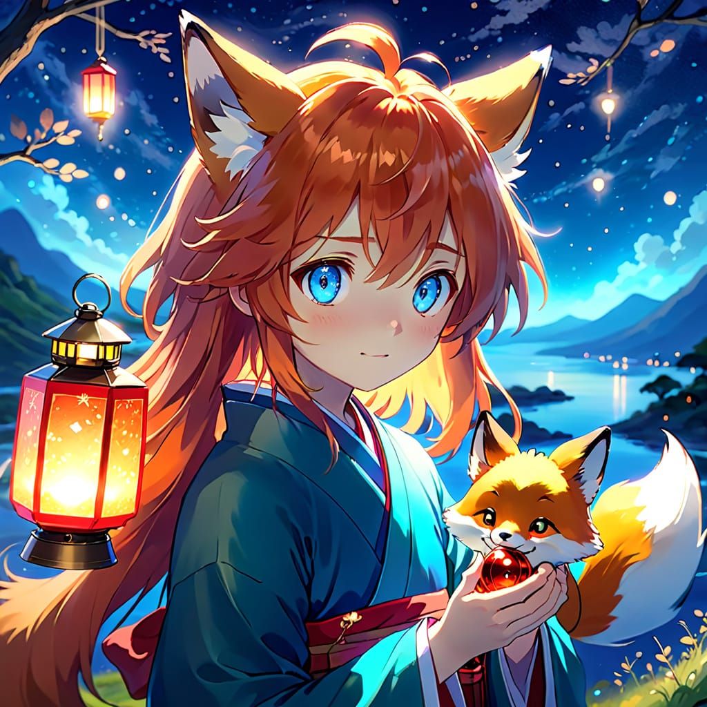 Anime Boy with Fox Ears Holding Glowing Lantern