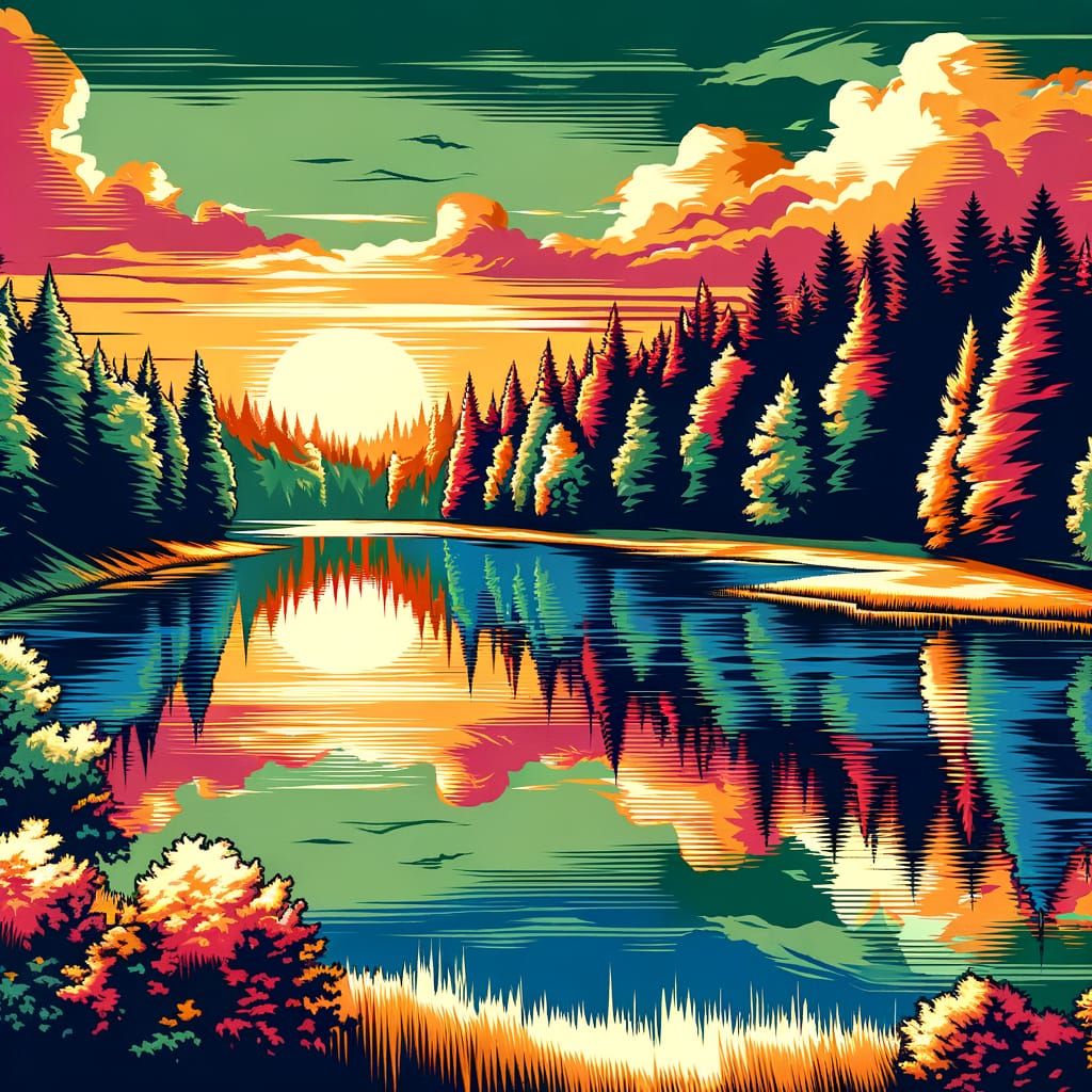 Mirror Lake Sunset in Pop Art and Impressionist Style